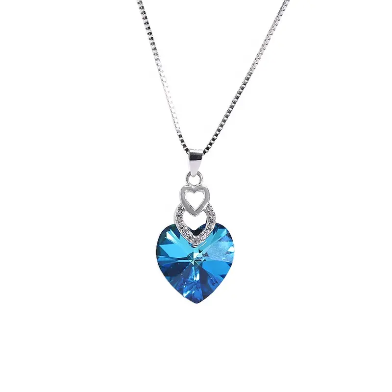 Benutzer definierte 925 Sterling Silber Modeschmuck blau Kristall Titan Herz des Ozeans Halskette Anhänger für Frauen Geschenke