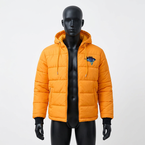 Orange Hooded Canvas Puffer <b>Jacket</b> with Front Logo Warm Quilted <b>Lightweight</b> <b>Waterproof</b> Eco-Friendly Fashion <b>Jacket</b> for <b>Men</b> Women - Product Image 3