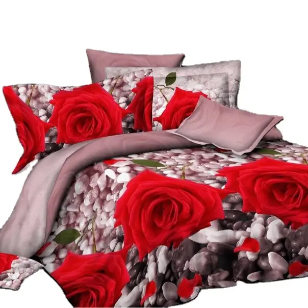 Modern 4pcs microfiber red flower design printed 3d wedding bed sheet home textile bedding set