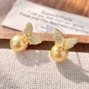 Boucles d'oreilles clous en argent S925 WENCHI modèle 10964 22655DIY, accessoires en perles, perles de 8-10 mm, support vide, design papillon tendance - Product Image 2