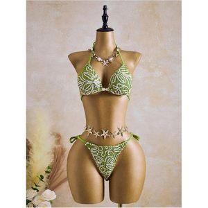 FOXA Women's 3 Piece Textured Floral <b>Bikini</b> <b>Set</b> With Cover Up Skirt Halter Triangle <b>String</b> Thong Swimwear - Product Image 4