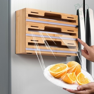 Support de rangement pour rouleaux de film alimentaire en plastique magnétique en bambou, distributeur de film alimentaire avec coupe-film - Product Image 1