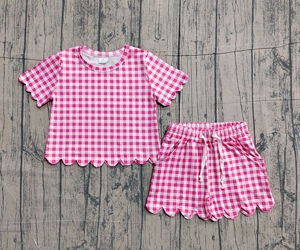 GSSO3186 Conjunto de Ropa Infantil de Verano para Niña, Diseño Personalizado al por Mayor, Estampado a Cuadros Rosa Intenso, Manga Corta - Product Image 1