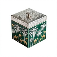 Boîte à collation en métal émaillé vert foncé imprimée, couvercle plat, motif chameau doré et palmier, pot de rangement décoratif, vaisselle de table