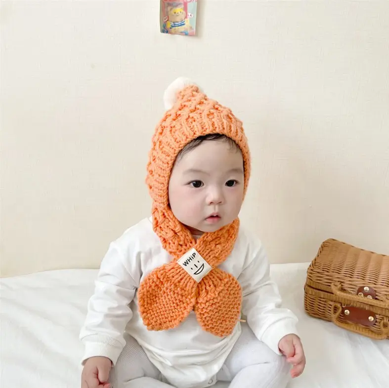 Winter Baby Hat and Scarf Joint With Crochet Knitted Caps for Infant Boys Girls Children Cartoon Kids Neck Warmer