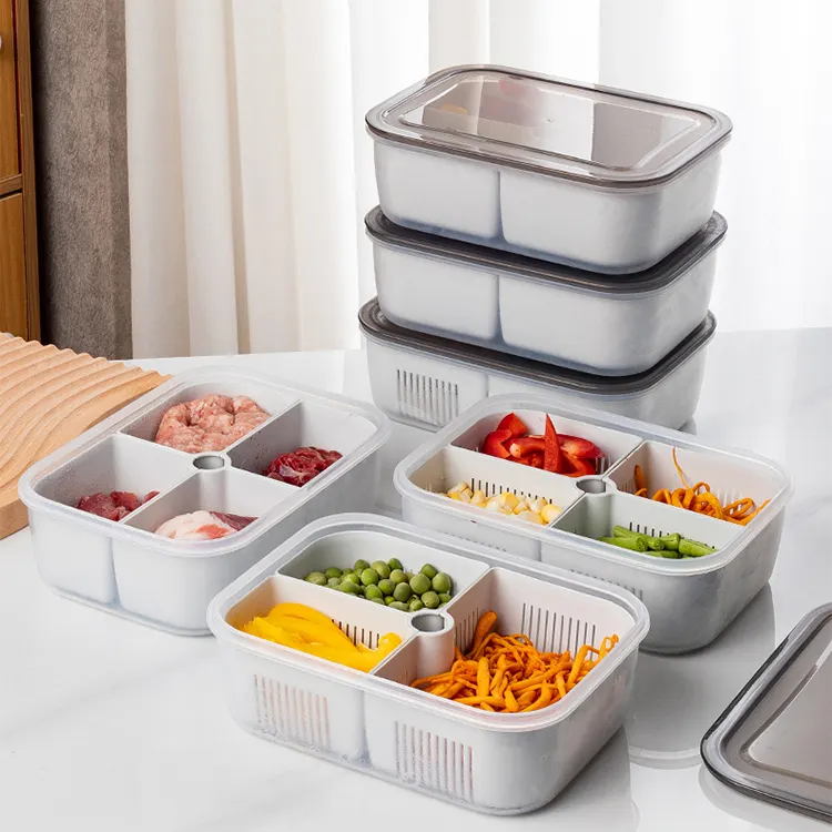 Kitchen fridge organizer microwaveable crisper drain box plastic food storage meal prep containers with removable compartments