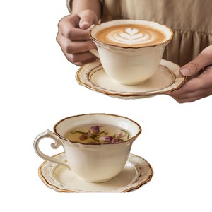 Retro Style Ceramic Coffee <b>Cup</b> And Saucer <b>Set</b> Round Two Piece With Handle For Afternoon <b>Tea</b> - Product Image 5