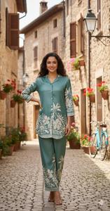 Tissu en lin doux de qualité supérieure vert olive pour vêtements féminins, tissu imprimé numérique en polyester doux effet lin, 100% polyester - Product Image 5