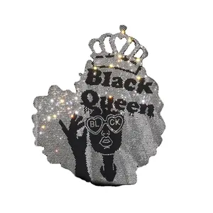 Free sample custom Black Queen rhinestone heat transfer designs for t shirts