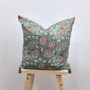 Laurel Green Mahogany Red <strong>Floral</strong> Block Printed on Waterproof Cushion Cover, Outdoor <strong>Pillowcase</strong>/ - Product Image 1