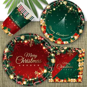 圣诞纸盘餐巾纸派对用品冬青叶派对生日装饰品圣诞快乐服务24