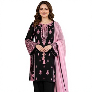 Luxury Jet Black Rayon Lawn Suit Set Heavy Thread Embroidery Keyhole Neck Tassel <b>Kurti</b> Straight Pants Chiffon Dupatta Party - Product Image 1