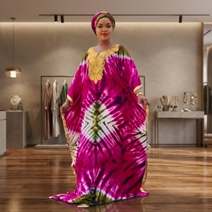 Women Tie Dye Geometric Print Kaftan Maxi <b>Dress</b> <b>Loose</b> Fit Long Sleeve Embroidered Summer Casual <b>Dress</b> - Product Image 3