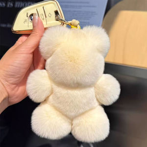 Fausse fourrure Rex lapin ours en peluche sac à dos en peluche porte-clés mignon doux moelleux pompon pendentif peluche Animal jouet sac breloque porte-clés - Product Image 2