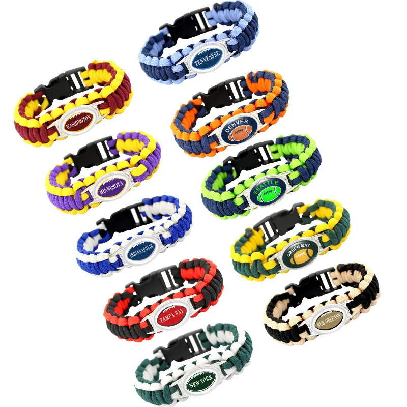 Pulseira de vidro de equipe de futebol, fabricante feito sob encomenda da equipe de futebol de esporte design de equipe de futebol com pingente de cabochão unissex paracord