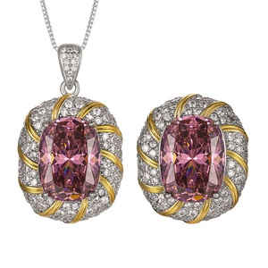 Fashion Eco-friendly Copper Gold Plated 12*16MM Zircon <b>Big</b> Shinny Stone Pendant Ring Jewellery Set for Womens - Product Image 1