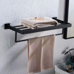 Porte-serviettes mural en acier inoxydable noir avec étagère, organisateur de rangement minimaliste pour salle de bain, support fixe pour serviettes - Product Image 2