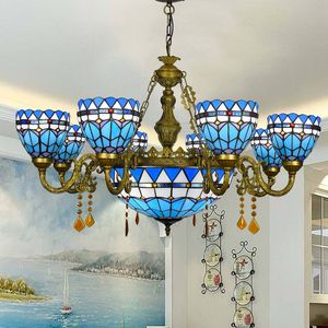 Tiffany verre lumière rétro lustres 8 lumières nouvel hôtel suspension lampe décoration salle à manger villa luxe grande lampe suspendue - Product Image 2