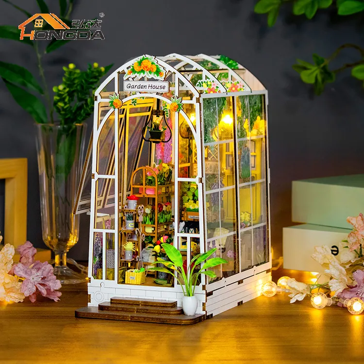 Hongda Miniature House M2313 Garden House 3D Coin de livre en bois Miniature DIY Book Nook KIt