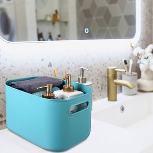 Colorful Storage Bins with Lid and Handle Plastic Stackable Baskets Desktop Cube <b>Box</b> Cubby Bins Containers for Shelf Cabinet - Product Image 2