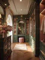 Armoire de luxe sur mesure en bois foncé, style vintage britannique, vert émeraude, avec rangement intégré aux fenêtres