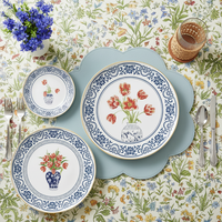 Service de table en céramique bleu et blanc de style chinoiserie, vaisselle de restaurant, écologique, compatible lave-vaisselle, prêt à la vente pour la maison et la cuisine