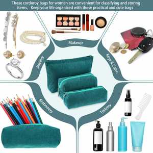 Juego de 3 Bolsas de Maquillaje Verdes - Neceser de Pana para Cosméticos, Organizador de Artículos de Aseo para Viaje, con Base Plana - Product Image 3