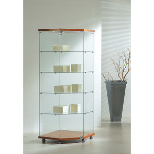 Vitrine d'angle moderne avec verre trempé 68x68x181cm, base en bois de cerisier sur roulettes, meuble de salon - Product Image 1