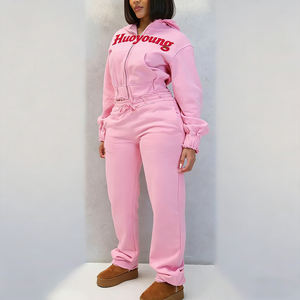 カスタム高級クロップドジップアップフーディーとジョガーパンツセット、2ピース衣類パンツセット、ゆったりとしたテックフリース素材のトラックスーツ（女性用） - Product Image 3