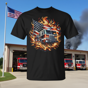 Camiseta patriótica de bombero con diseño de bandera americana y llamas - Product Image 3