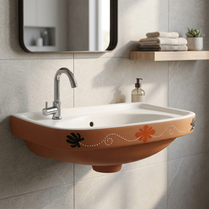 Lavabo con estampado de flores blancas y azules Diseño simple moderno Gabinete de tocador de baño montado en la pared Fregadero de cerámica - Product Image 3