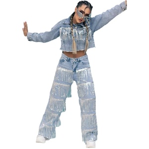 Pantalones de mezclilla con lentejuelas y borlas para mujer, de pierna ancha y cintura alta, conjunto de top corto de moda urbana, atuendo informal - Product Image 1