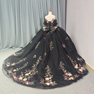For 1255 Modern Black Quinceanera Floor-Length <b>Lace</b> Crystal <b>Appliques</b> Embroidery Ball Gown Formal Party Evening Gowns for - Product Image 5