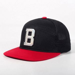 Meaufactures Custom Two Tone Black and Red <b>Flat</b> Brim Mesh 7 Panel Snapback Baseball <b>Cap</b> for <b>Men</b> - Product Image 2