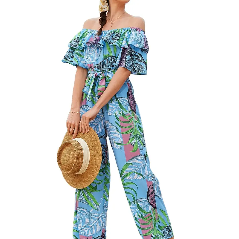 DAMOCHIC Jumpsuit Women Elegant Full Length Off the Shoulder Print Jumpsuit Beach Summer Chiffon Ruffle Floral Jumpsuit 2023