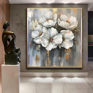 Toile à l'huile de fleurs blanche et or abstrait fait à la main, 5 m, peinture murale, Art - Product Image 1