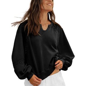 Sweat-shirt oversize pour femme, col en V, manches lanternes en dentelle, coupe courte et ample, pull d'automne noir - Product Image 1