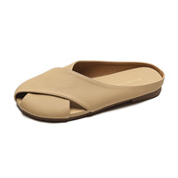 Mules pour femmes en cuir véritable à bout ouvert, à brides croisées, à enfiler, à semelle plate et souple, chaussures d'été d'extérieur