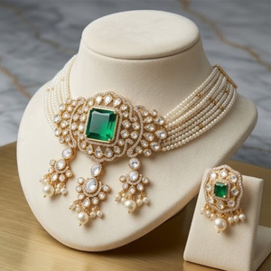 Royal 925 <b>Silver</b> Emerald Pearl <b>Choker</b> Necklace Set Designer Bridal Jewelry Elegant Earrings for Women Collection Bridal Wedding - Product Image 2