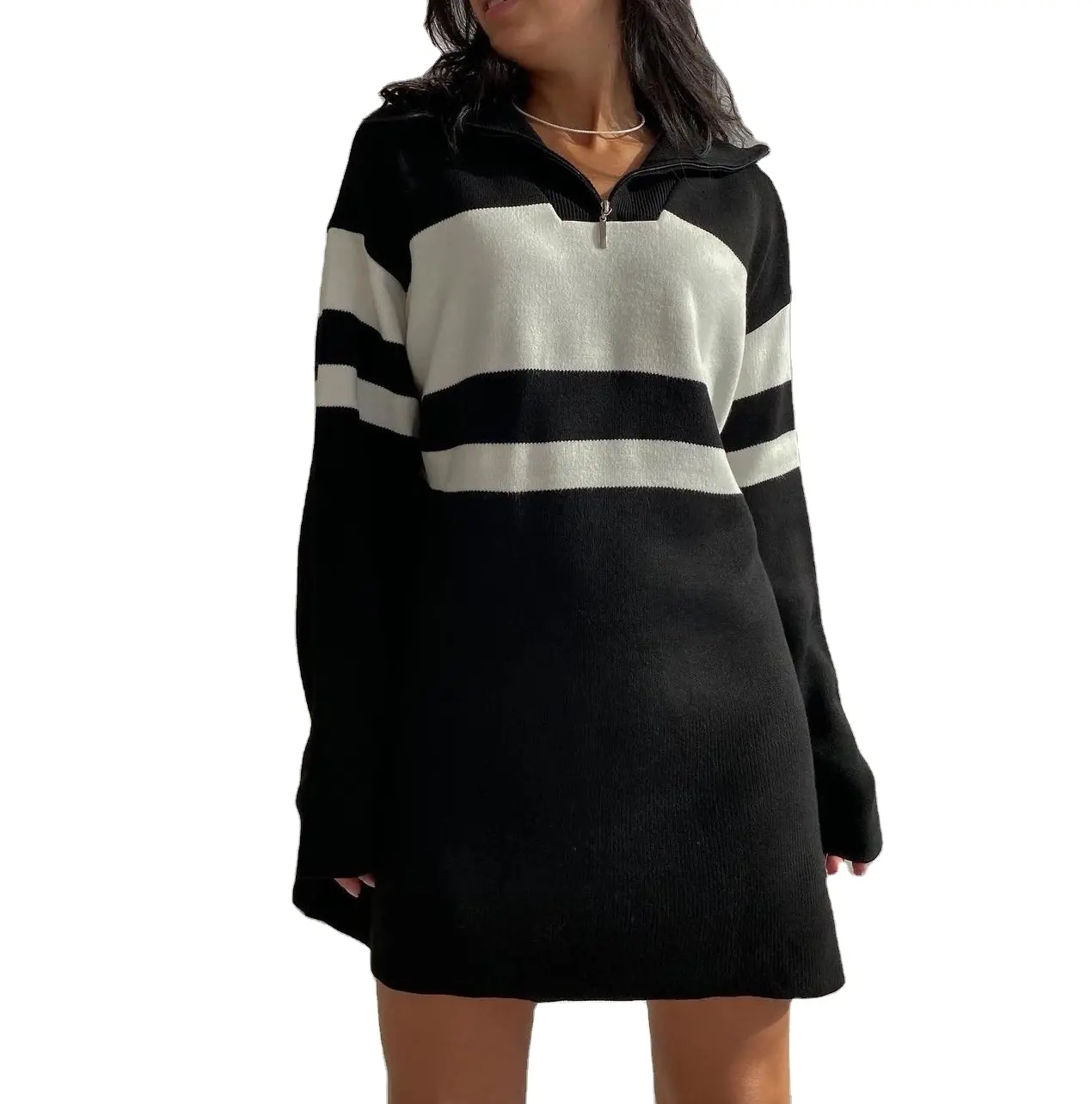 Female Jumper Oversize Lazy knitwear sweater Turn down Collar Knitted Plus Size half zipper Striped Sweaters dress