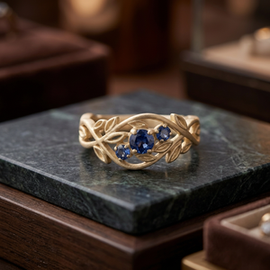 Bague en argent avec feuille d'argent et pierres précieuses fines, saphir floral, bijoux de mariage et de fiançailles - Product Image 2