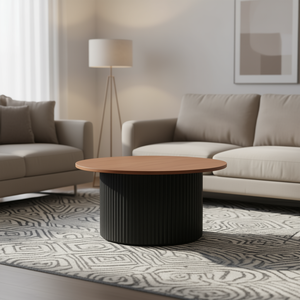 Table basse ronde moderne avec plateau en bois massif et base noire, meubles de salon, construction durable - Product Image 2
