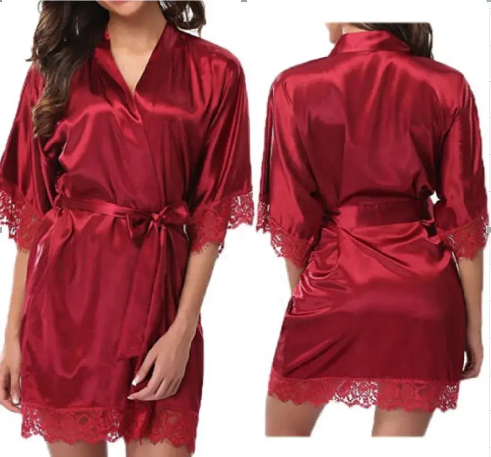 X557 Offre Spéciale Lisse Satin Peignoir Avec Ceinture Midi Style Solide Couleur Mature Dentelle Soie Robe Demi Manches Pyjamas Femmes Vêtements De Nuit