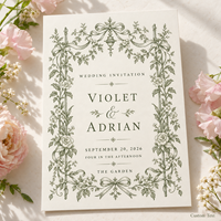 Carte d'invitation vintage à motif floral vert, style botanique français, avec nœud et cadre floral, invitation de mariage personnalisée, impression sur mesure pour mariage dans le jardin
