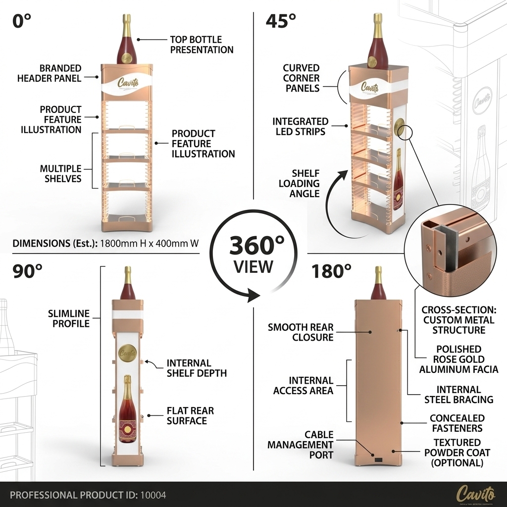 Custom Metal Liquor Display Stand Rose Gold Wine Rack LOGO Champagne Merchandiser Luxury Boutique Hotel Lounge FSDU Floor Shelf — view 3