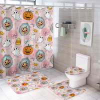 Ensemble de 4 pièces pour salle de bain : Rideau de douche imperméable, tapis antidérapants, couvercle de toilette et tapis de bain, motif citrouilles d'automne, nœuds et fantômes mignons