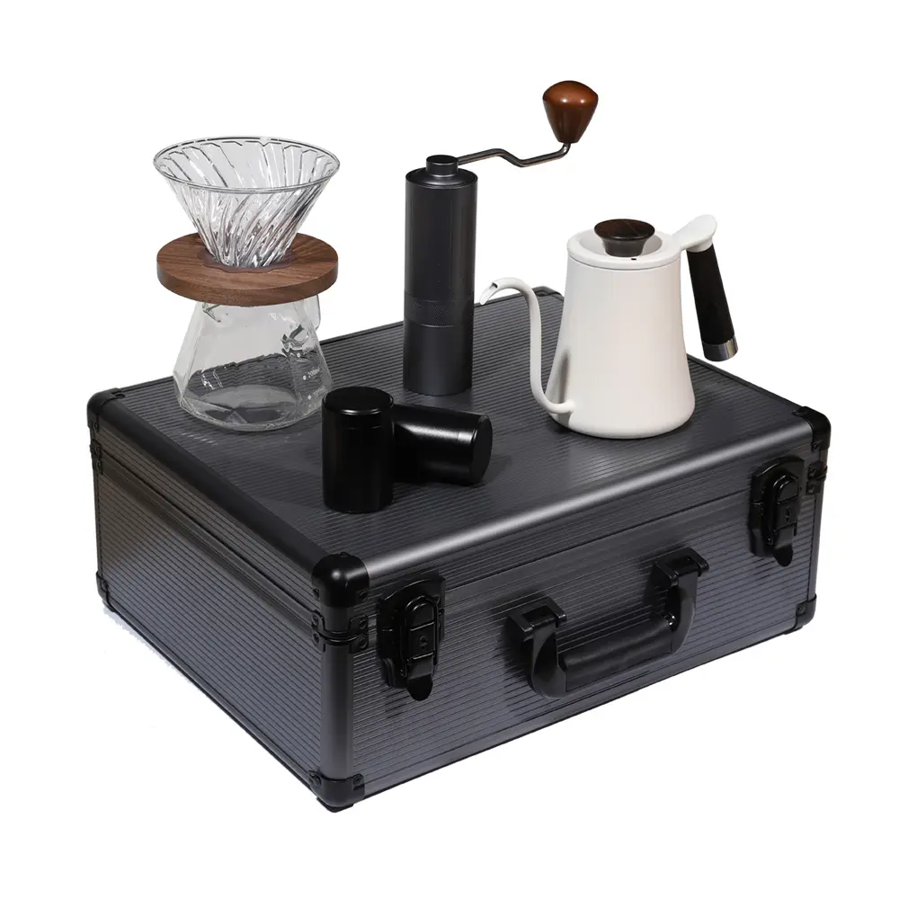 Kotak hadiah premium multifungsi, set kopi barista untuk perjalanan luar ruangan dengan penggiling biji kopi, pot bersama dengan pegangan