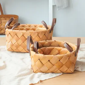 Huangtu cestino portaoggetti per trucioli di legno da tavolo intrecciato a mano cestini per pane alla frutta rotondi e ovali cestino da Picnic con manici in pelle