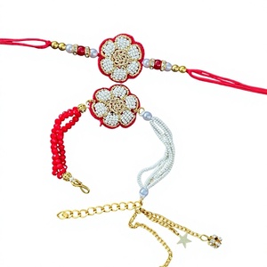 Flower Beaded rakhi Bracelet <b>Set</b> With Pearl Imitation <b>Gold</b> Plated Chain Charm handmade rakhi Jewelry Gift festival rakhi - Product Image 2