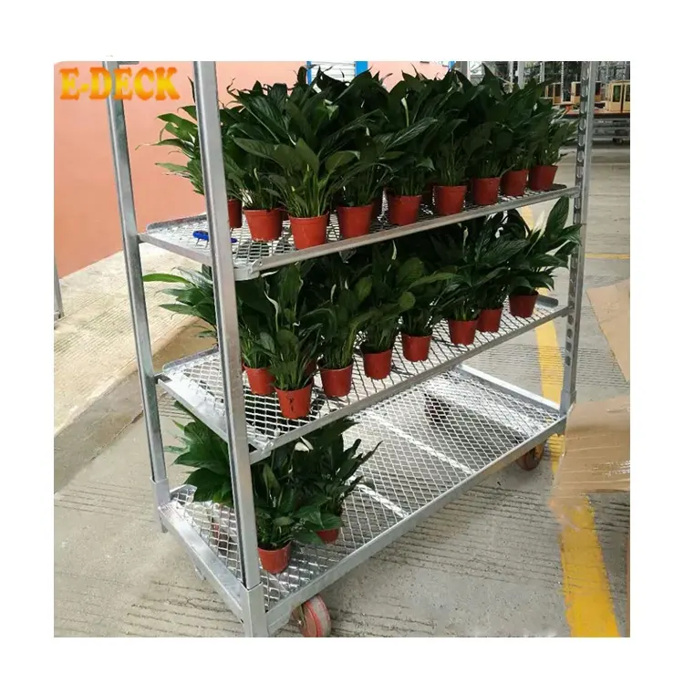 最新デザインヘビーデューティーユーティリティローリング亜鉛メッキ金属温室花植物輸送トロリーカート